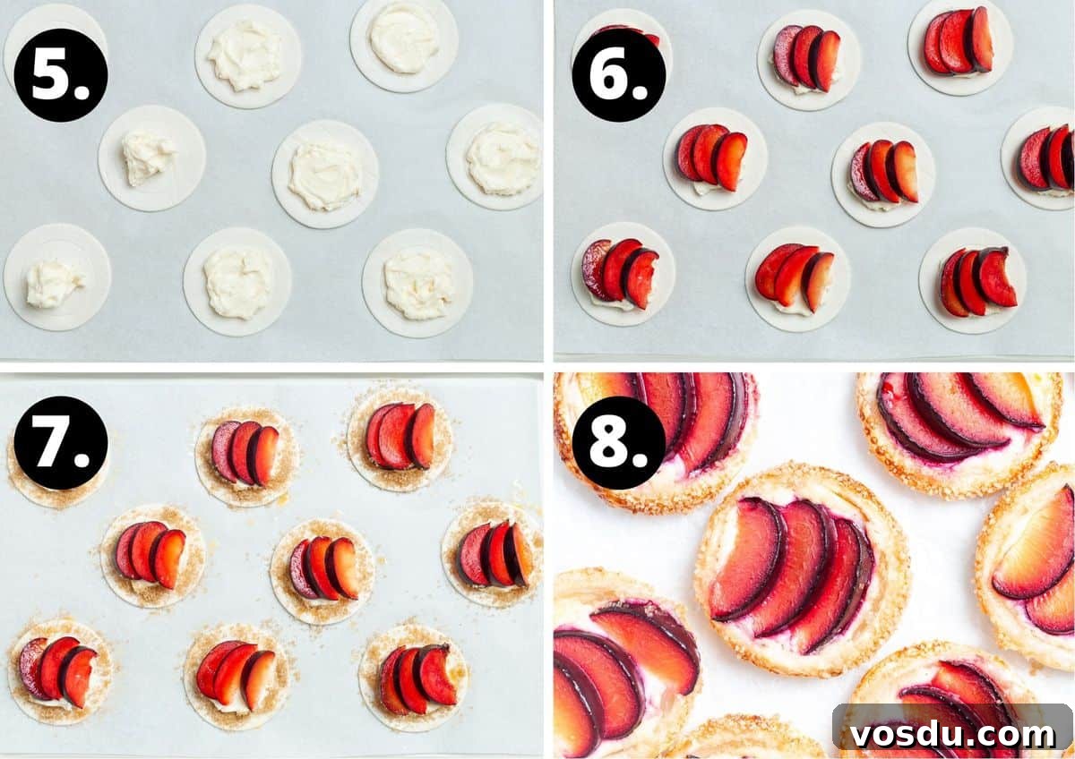 Mini Plum Tarts Recipe: Bite-Sized Homemade Fruit Pastries 5 The final four steps in making this recipe in a collage - topping the pastry rounds with the cream cheese mixture, putting the slices of plums on top of the cream cheese, adding the sugar around the edge of pastry and the baked tarts.