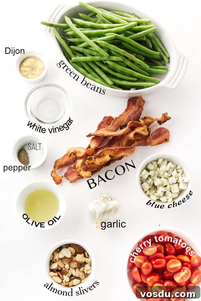 Crispy Bacon Tomato Green Bean Salad Recipe 3 Ingredients used for making a green bean salad with bacon.