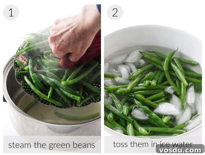Crispy Bacon Tomato Green Bean Salad Recipe 5 Steaming green beans for a green bean salad with bacon.
