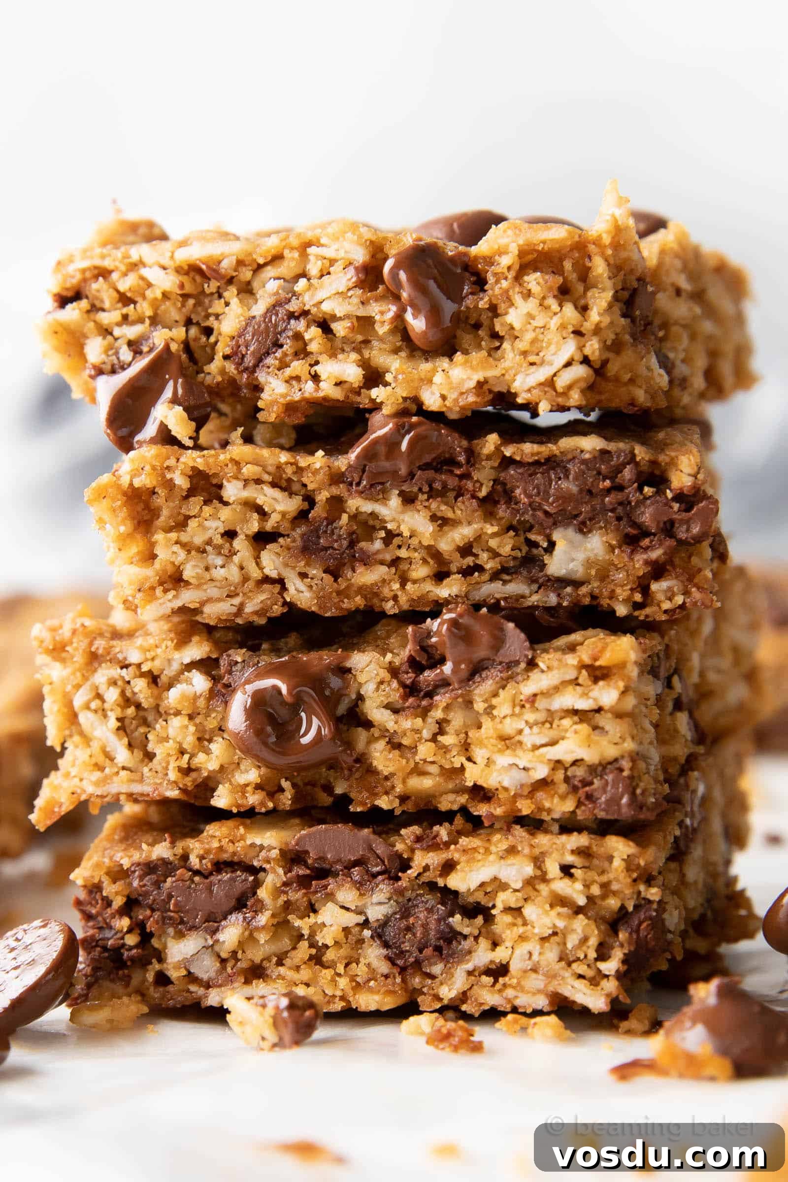 Oatmeal Chocolate Chip Cookie Bars with Wholesome Ingredients 2 super closeup shot of stack of oatmeal chocolate chip cookies bars