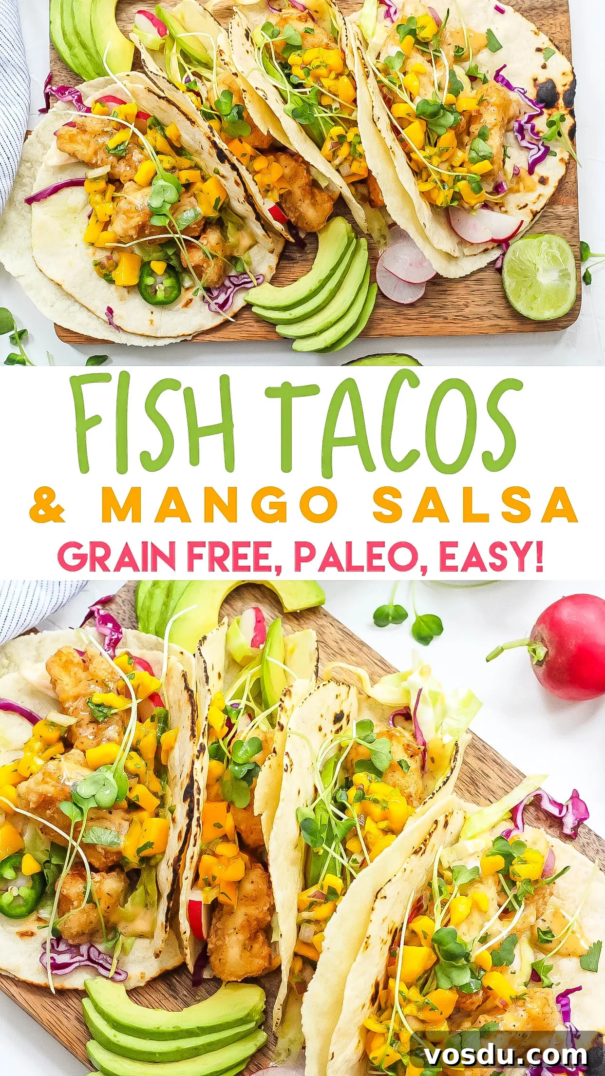 Paleo Fish Tacos with Mango Salsa — Gluten-Free in 25 Minutes 2 These grain free tacos is a fun and quick breaded fish recipe with easy mango salsa! Paleo fish tacos are totally gluten-free, family friendly, and even Whole30 if you skip the grain free tortilla and go for a lettuce wrap fish taco! Either way, these paleo fish tacos will be a summer favorite! #paleofishtacos #grainfreetacos #paleofish