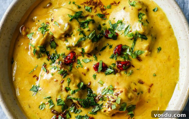 Kadhi Pakora in a bowl garnished with cilantro and whole red chili.
