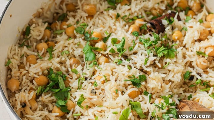 Chana Pulao in a Dutch Oven garnished with cilantro.