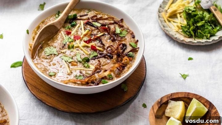 Instant Pot Pakistani-style Haleem made with beef and grains in a white bowl with wooden spoon and garnishing
