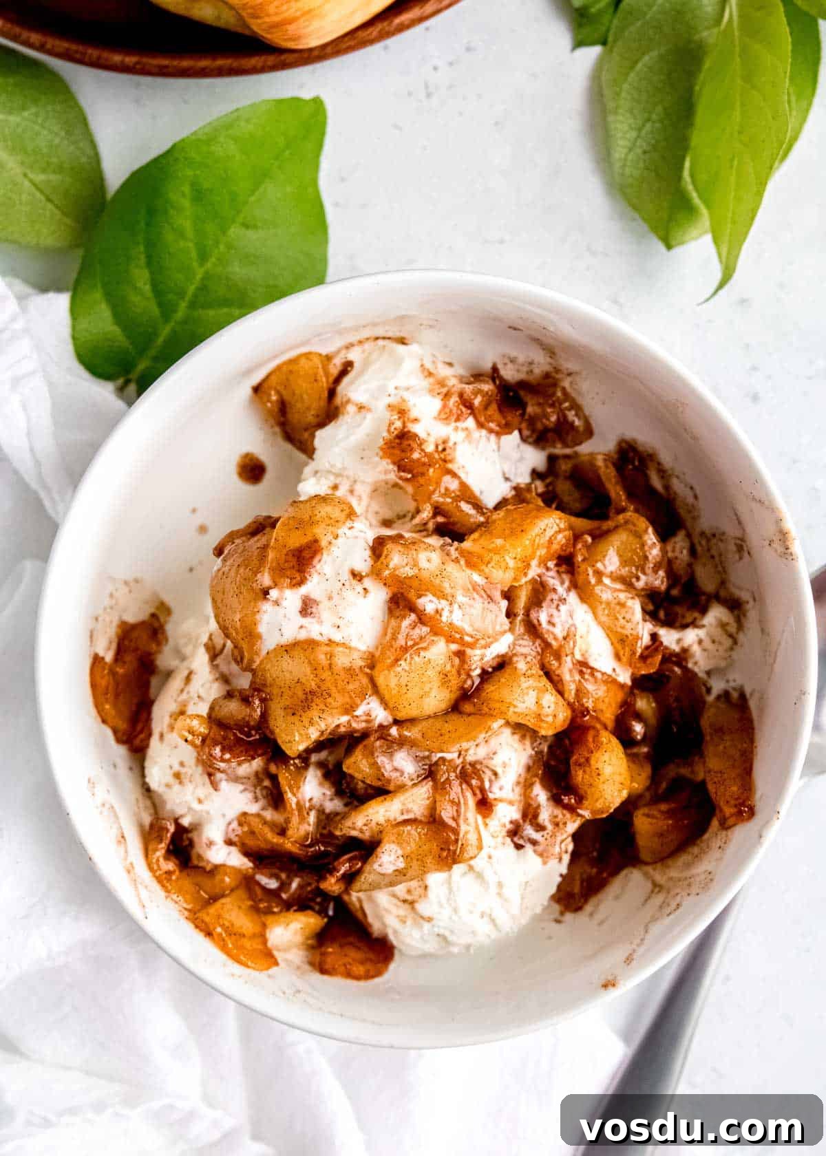 Crispy Cinnamon Air Fryer Apples Recipe 15 air fried apples on ice cream in a white bowl