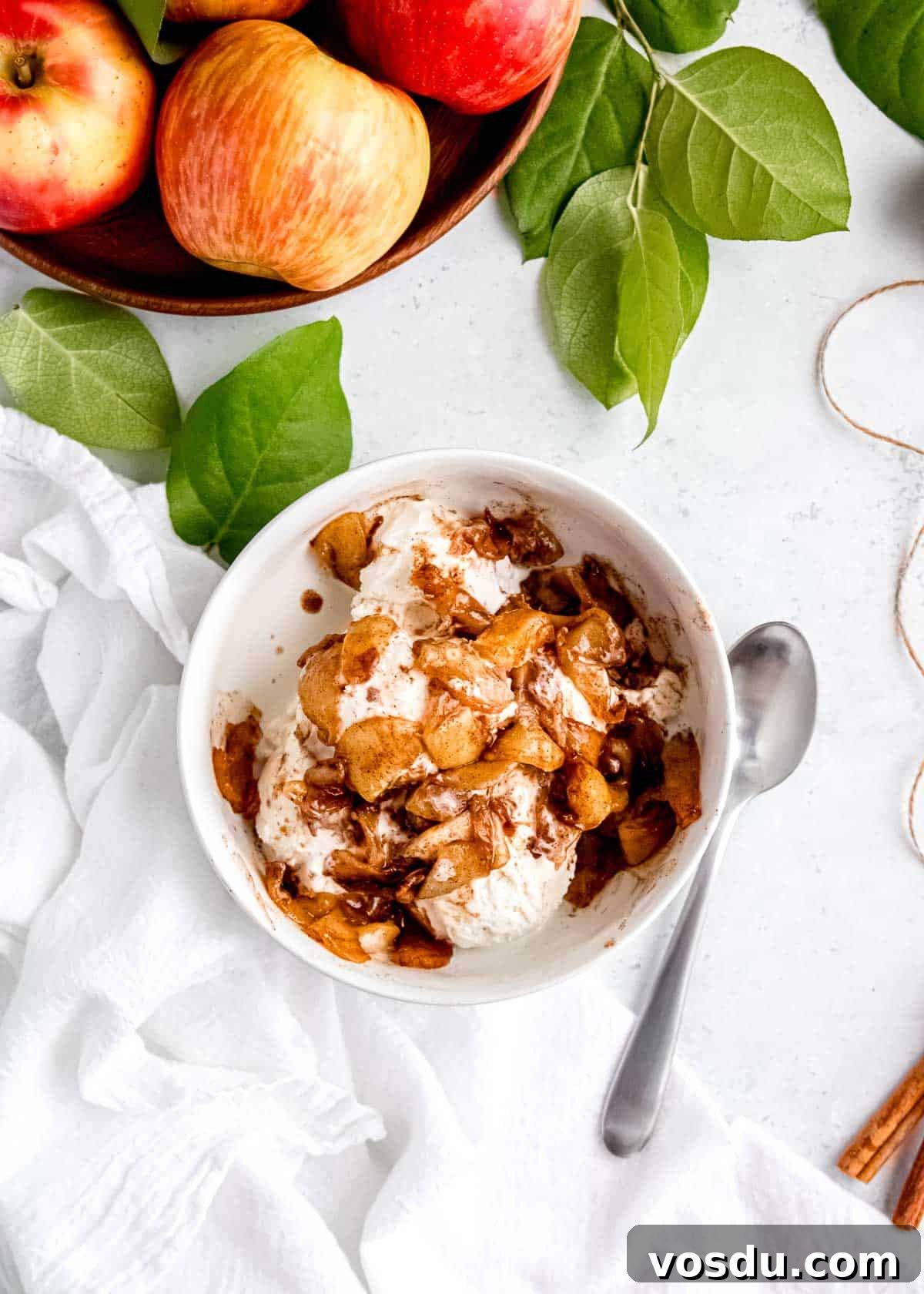 Crispy Cinnamon Air Fryer Apples Recipe 4 overhead shot of air fried apples on staged table