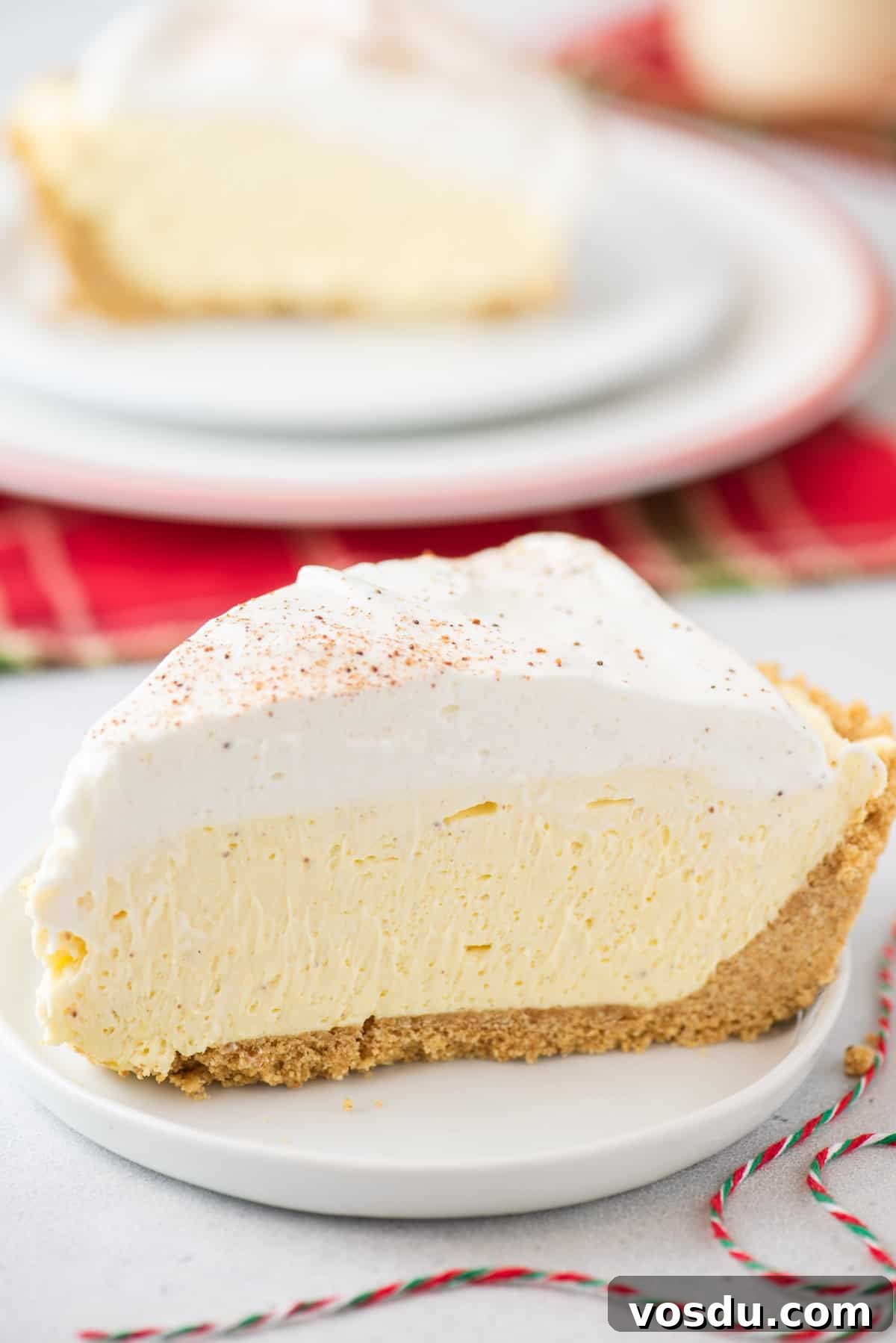 Side view of a slice of eggnog pie