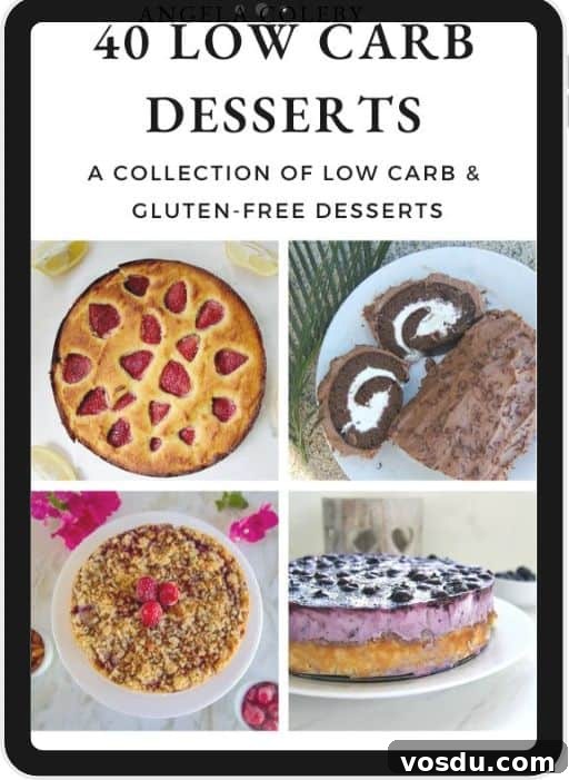 Keto Almond Joy Cookies Recipe — Low-Carb Coconut Chocolate Cookies 13 Book cover titled "40 Low Carb Keto Desserts" featuring images of four different gluten-free desserts: a berry pie, chocolate rolls, and two other cakes.