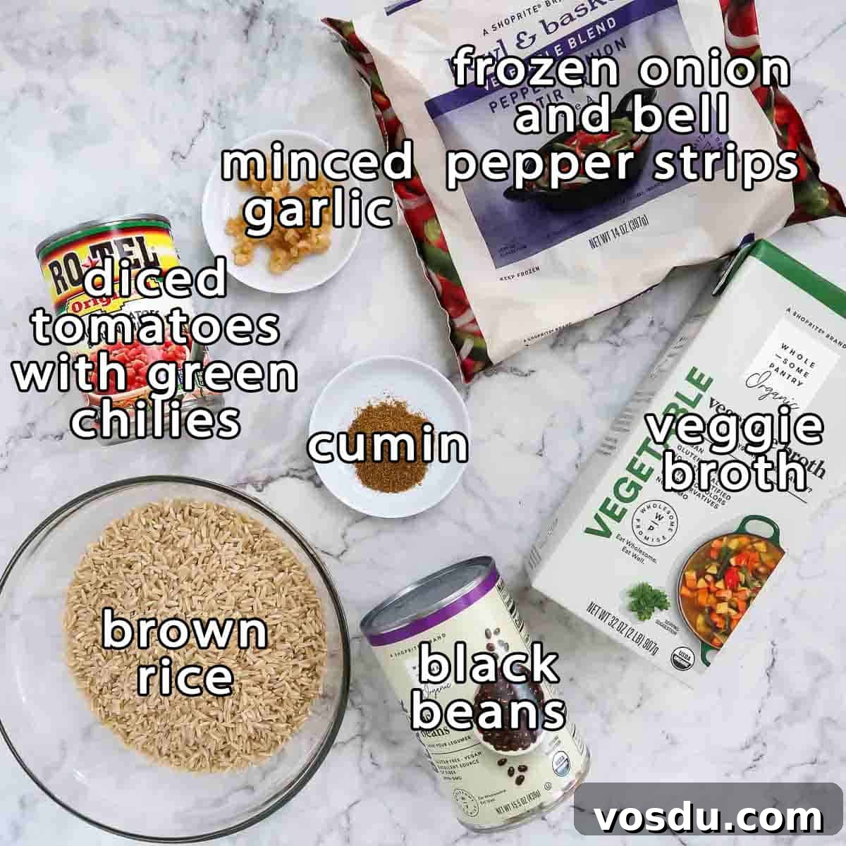 Overhead shot of ingredients - diced tomatoes with green chilies, minced garlic, frozen onion and bell pepper strips, veggie broth, black beans, brown rice, and cumin.