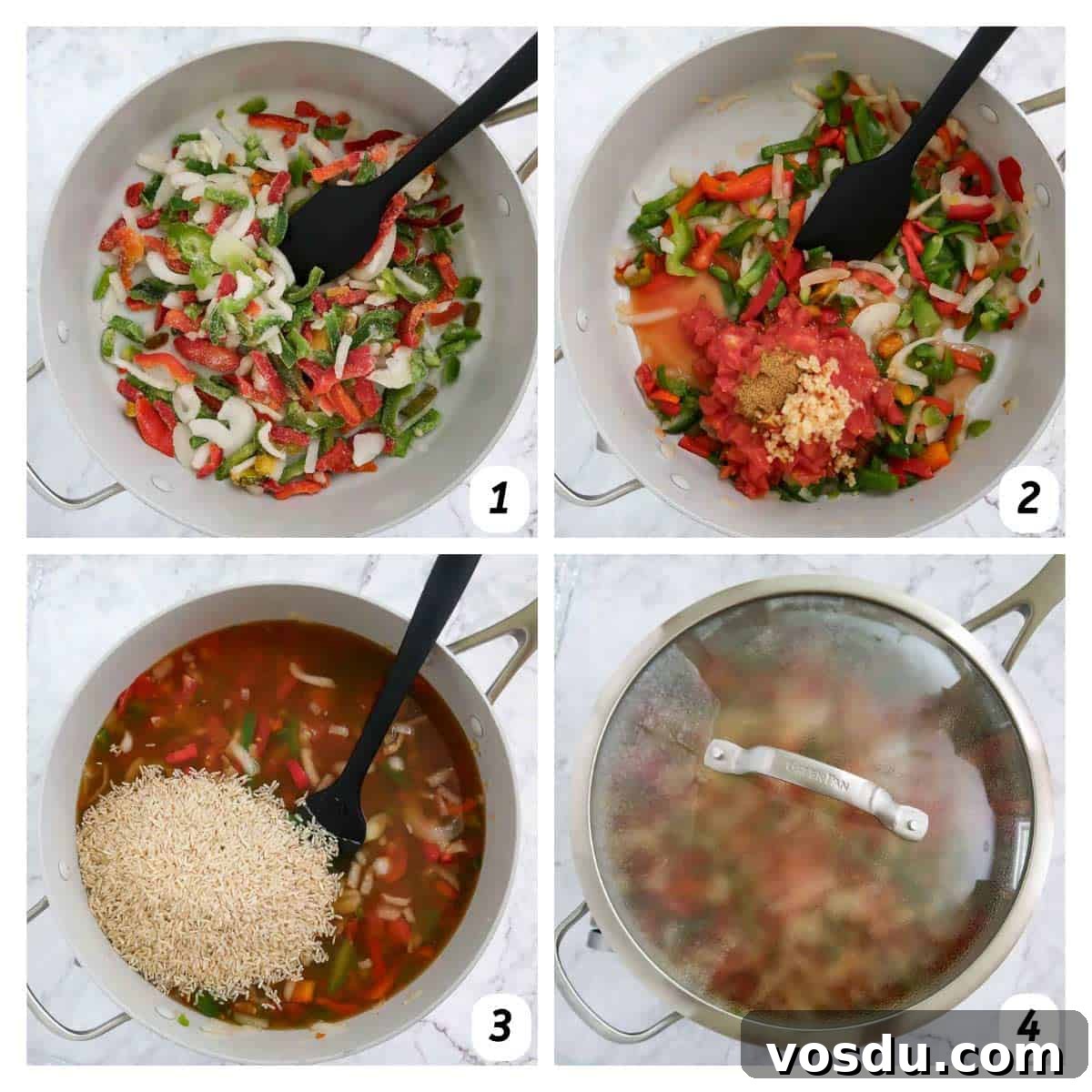 Four panel grid of process shots 1-4 - gradually combining ingredients in a large pot and letting cook.