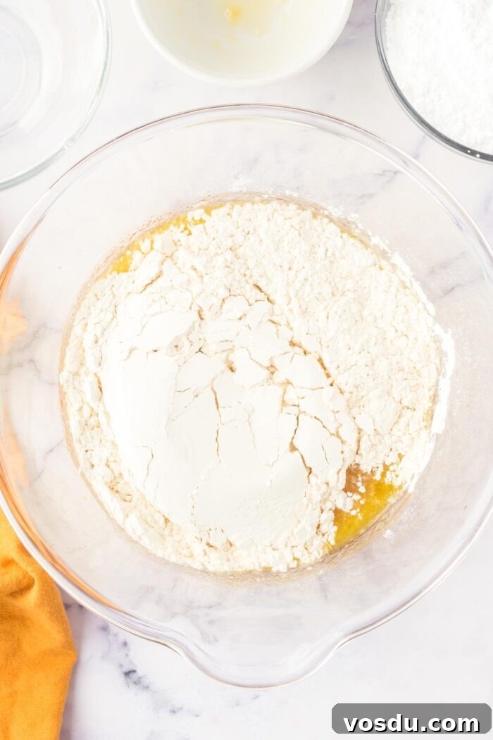 Flour, salt and baking powder over a creamed oil and sugar mixture in a large mixing bowl.