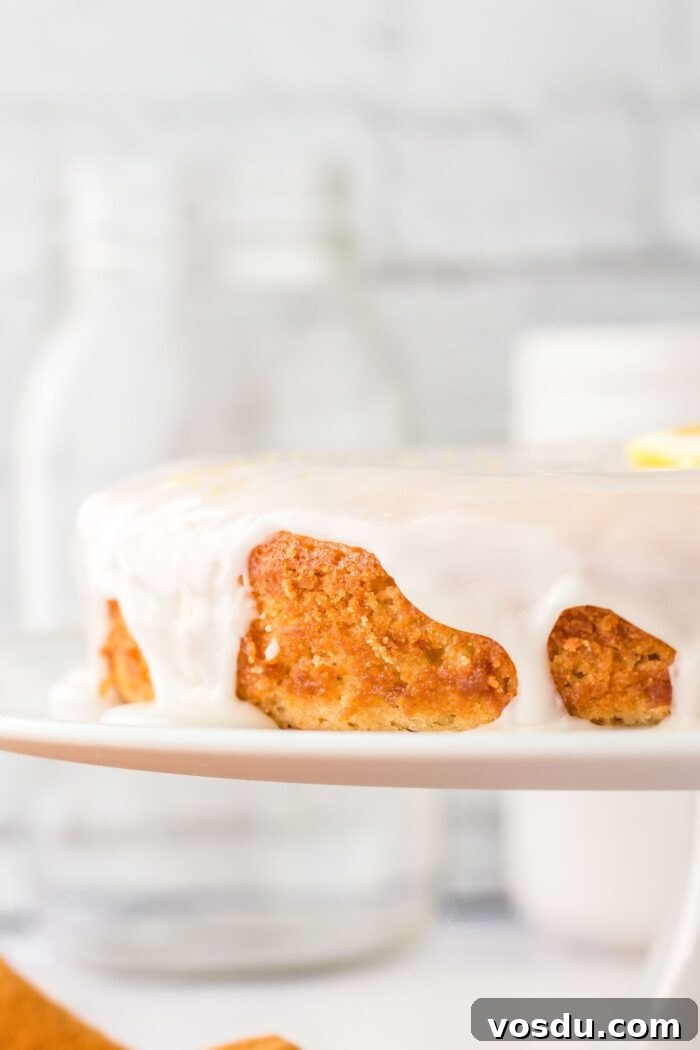 A vegan olive oil cake topped with a powdered sugar glaze and a slice of lemon on a cake stand. There are some bottles in the background.