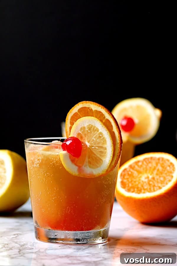 Piña Colada Without Syrup: Creamy Tropical Cocktail Recipe 4 A glass of brandy slush cocktail garnished with citrus slices and a cherry.