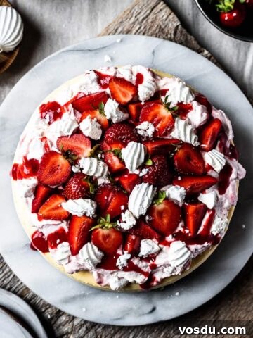 A top view of a vanilla cheesecake topped with whipped cream and strawberries.