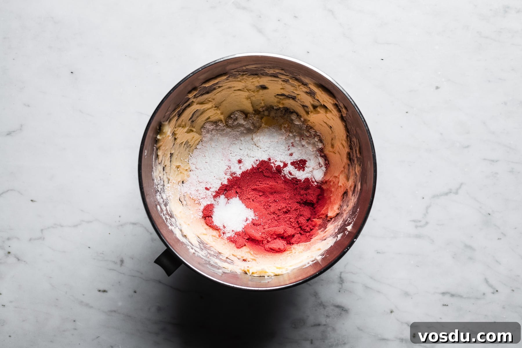 Strawberry Shortbread Cookies Recipe — Simple Homemade Treat 6 Butter, sugar and freeze dried strawberry powder in a mixing bowl.