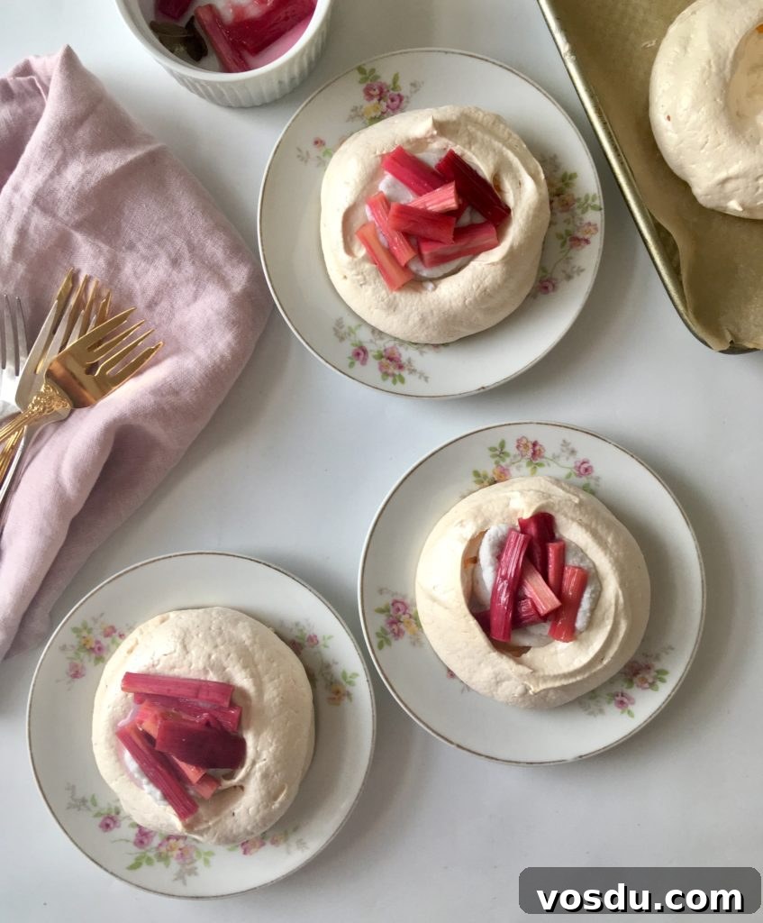 Mini Pavlovas with Rhubarb, Kaffir Lime & Coconut Cream 4 mini pavlova rhubarb kaffir lime coconut cream