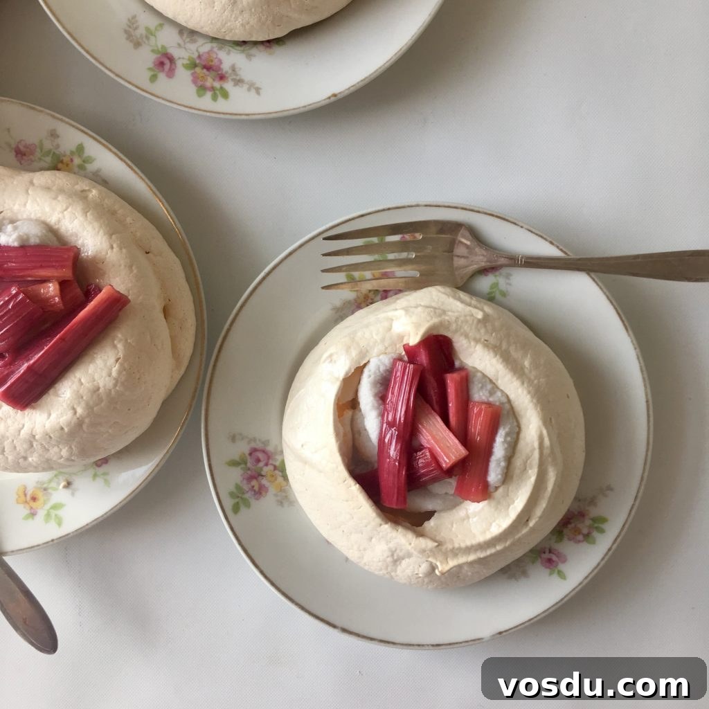 Mini Pavlovas with Rhubarb, Kaffir Lime & Coconut Cream 5 mini pavlova rhubarb kaffir lime coconut cream