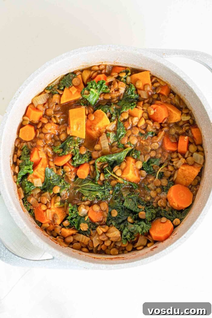 Hearty Sweet Potato and Red Lentil Stew Recipe 6 A sweet potato, carrot, lentil stew in a large soup pot.