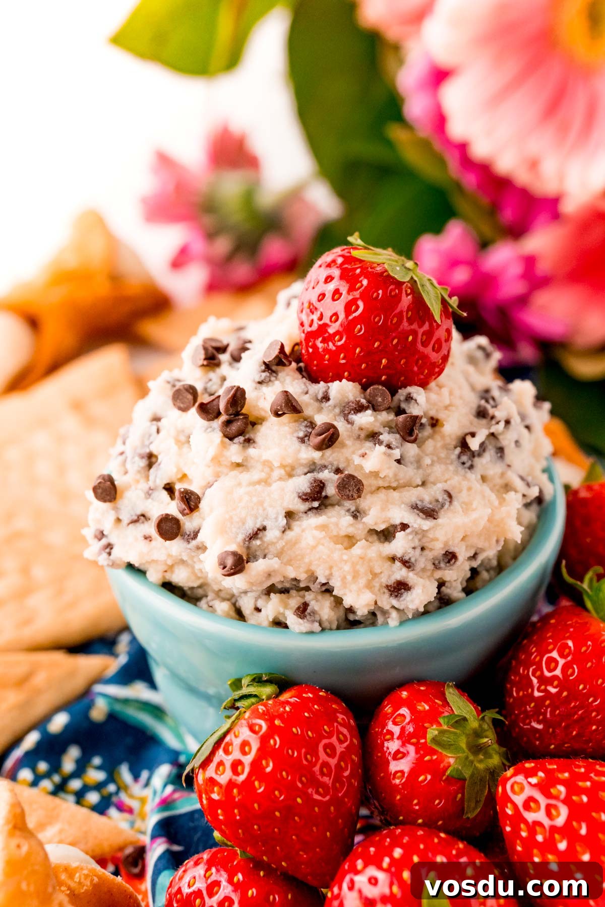 Mascarpone Cannoli Dip Recipe: Creamy Dessert Dip for Parties 2 Close up photo of a teal bowl filled with cannoli dip surrounded by crackers and strawberries.