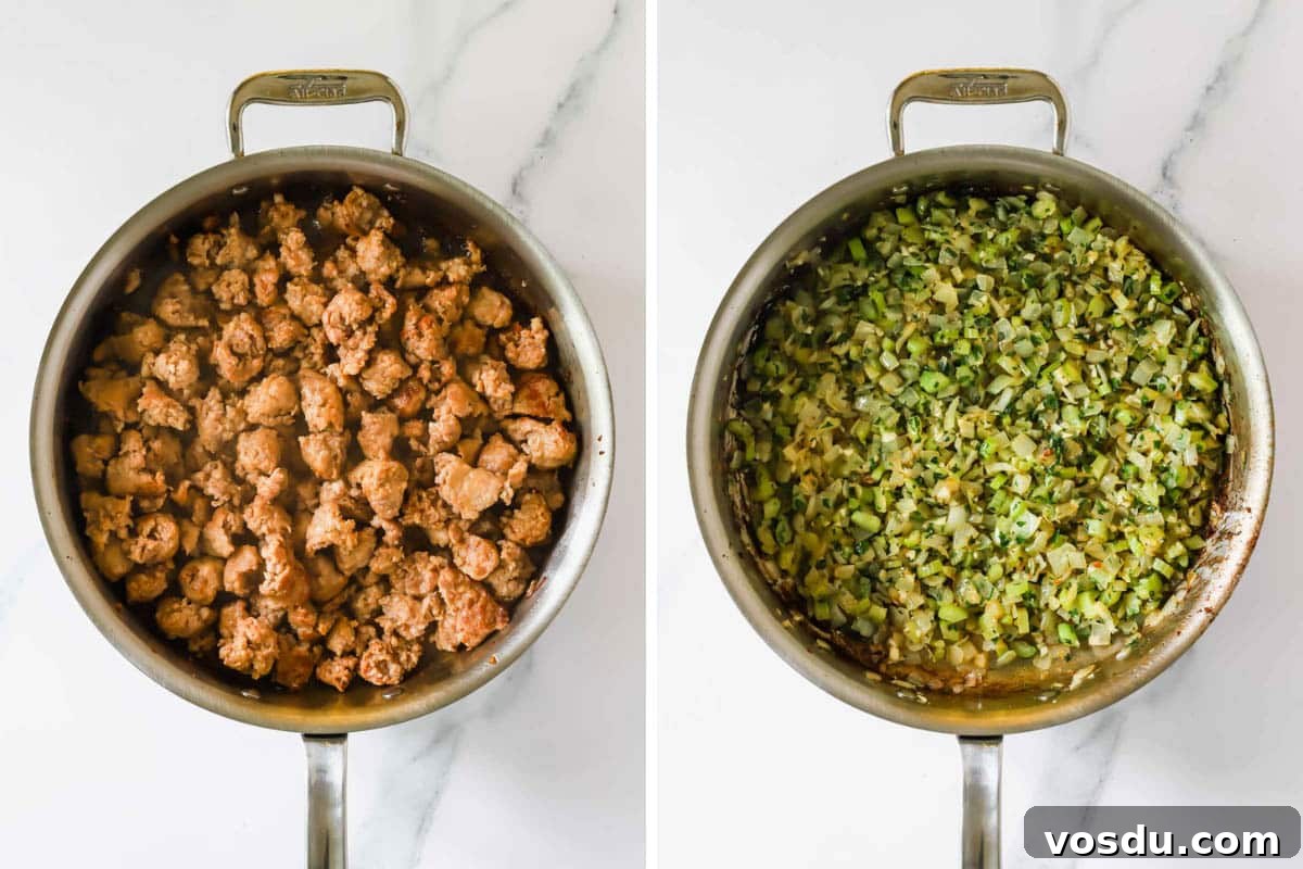 Savory Sausage Stuffing Recipe for Holiday Dinners 6 Browned sausage in a pot on the left and sautéed onions and celery in a pot on the right.