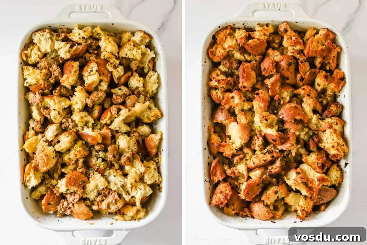 Savory Sausage Stuffing Recipe for Holiday Dinners 7 Two images showing unbaked and baked sausage stuffing.