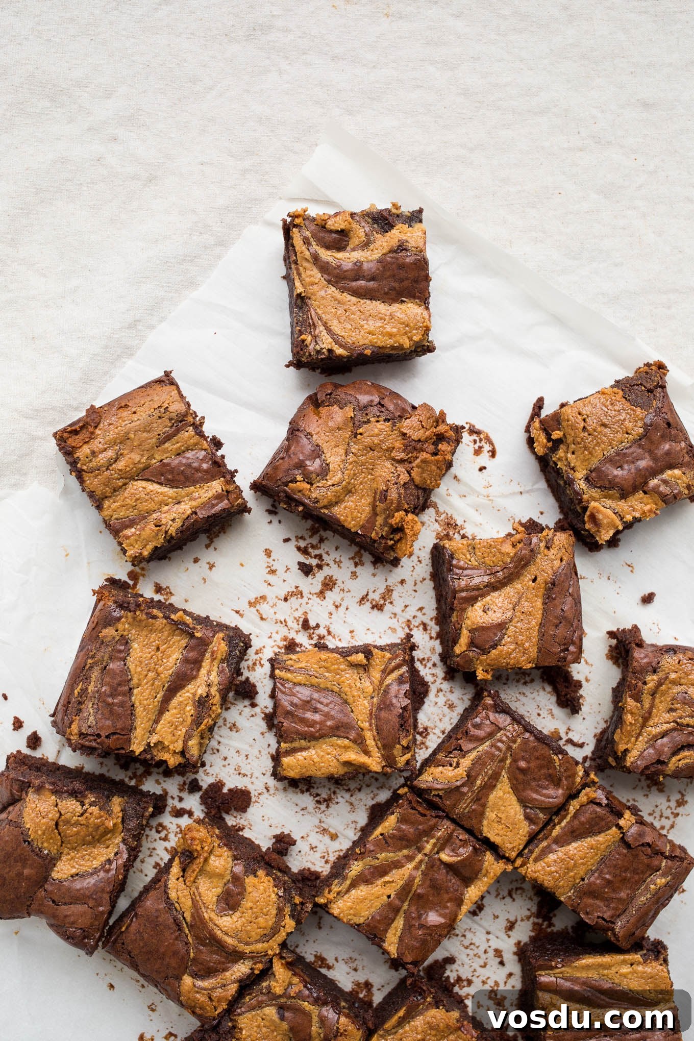 Gluten-Free Peanut Butter Swirl Brownies Recipe 10 brownies squares on cloth
