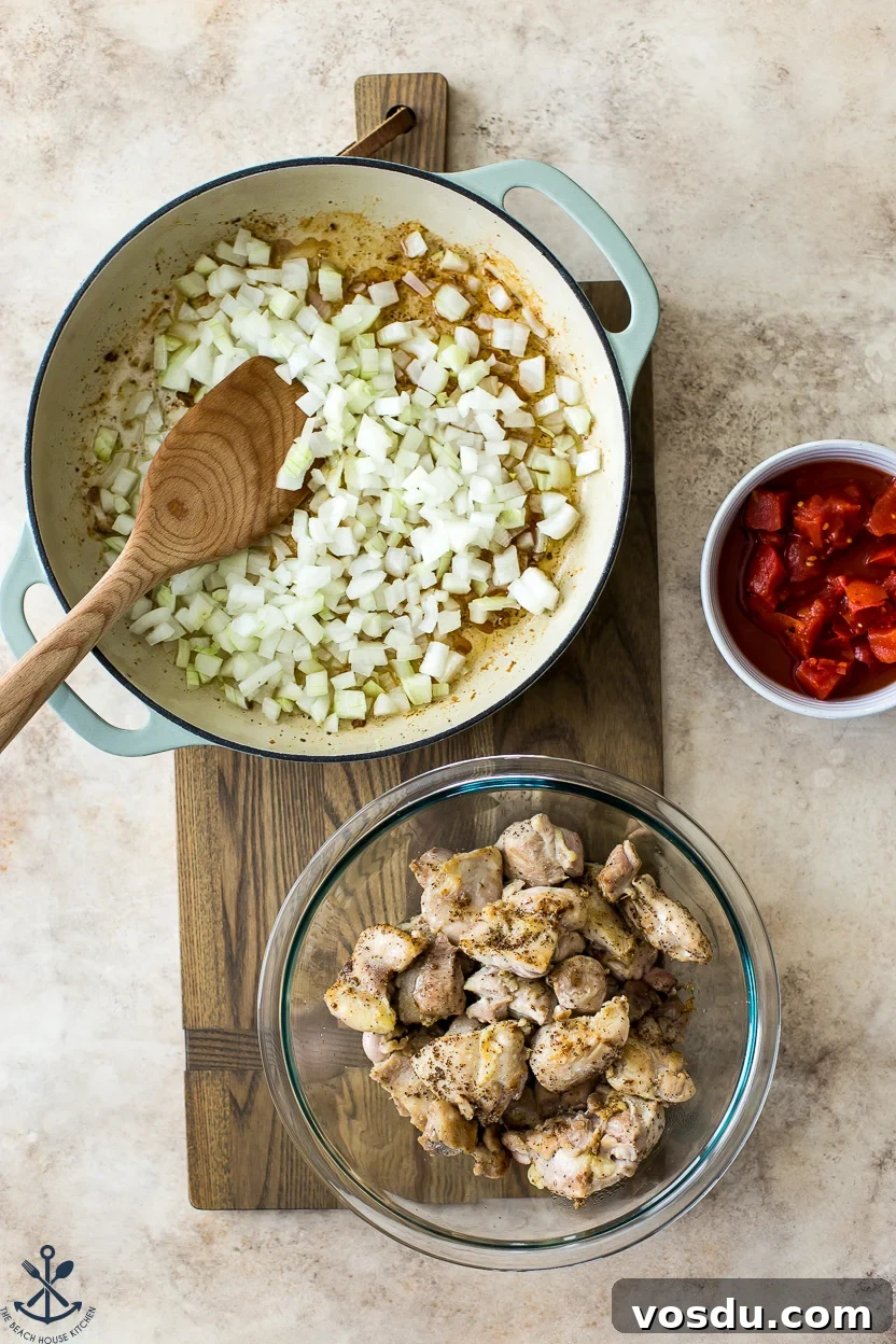 Authentic Chicken Vindaloo Recipe: Spicy Goan Curry Tutorial 6 Overhead photo of chopped onions, a bowl of cooked chicken pieces and a small bowl of chopped tomatoes