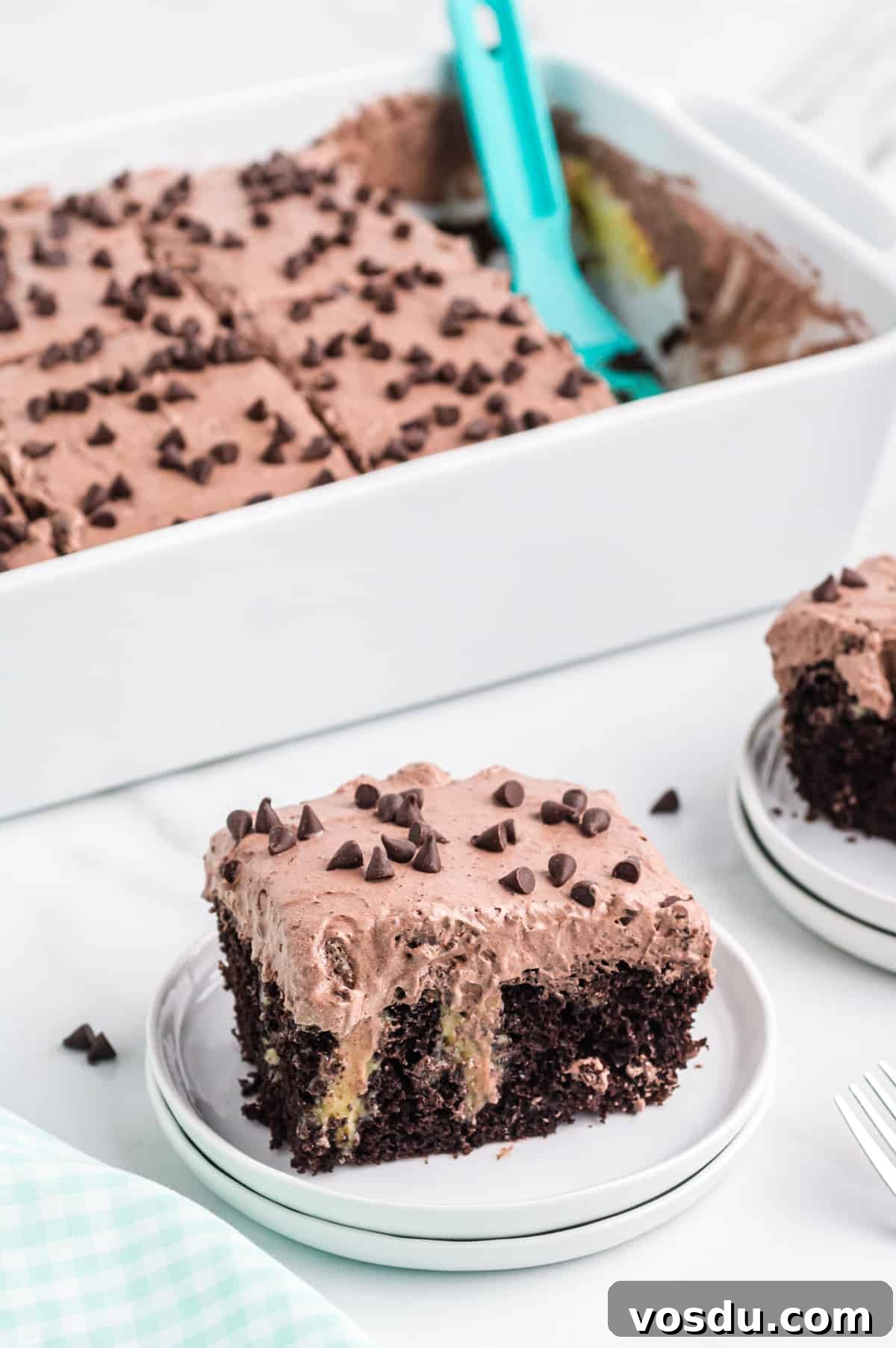 Baileys Irish Cream Poke Cake Recipe for Rich Dessert 2 Piece of Irish Cream Chocolate Poke Cake on white plate with remaining cake in background