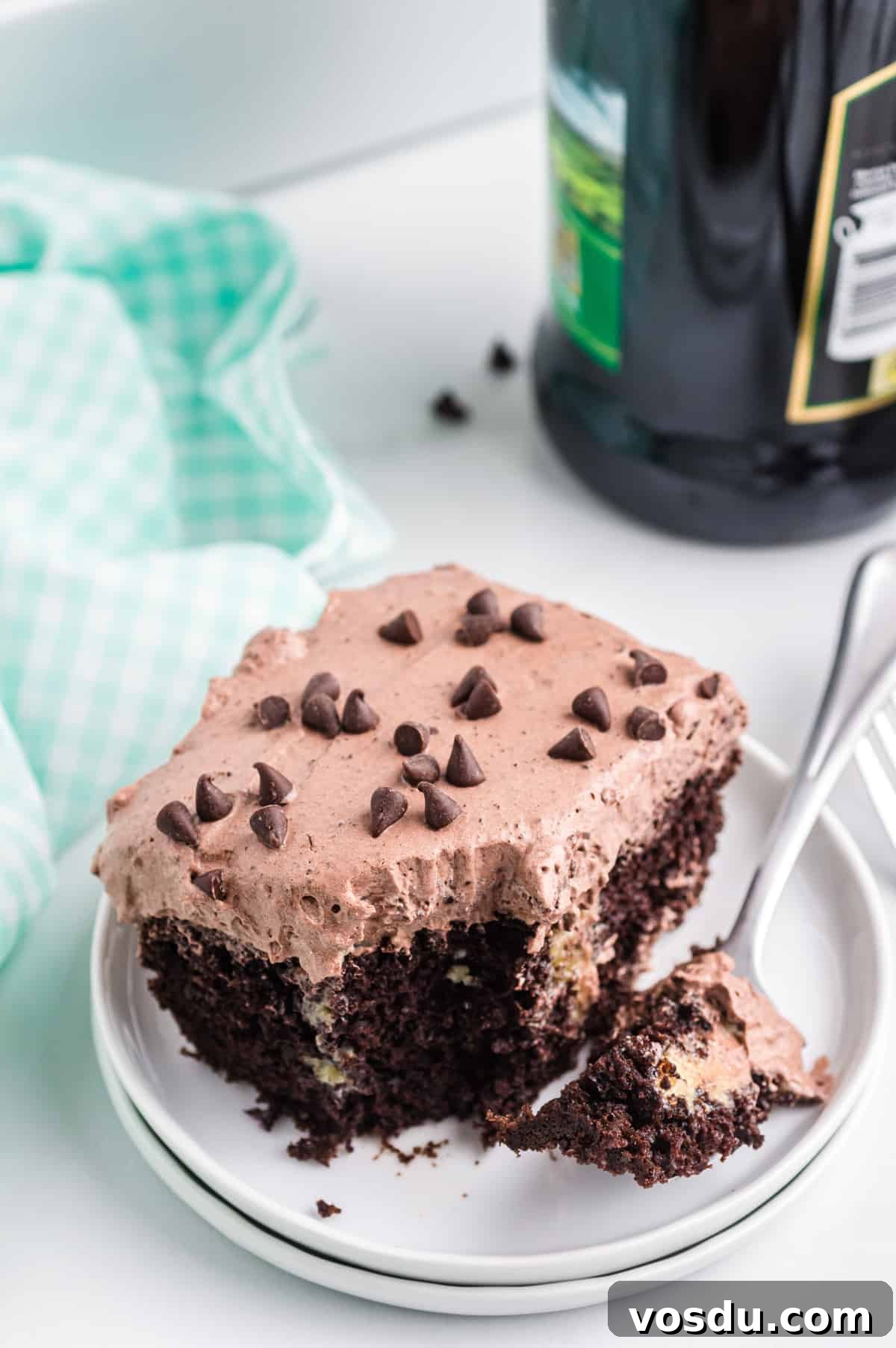 Baileys Irish Cream Poke Cake Recipe for Rich Dessert 13 Baileys chocolate poke cake topped with light and fluffy chocolate frosting and mini chocolate chips and with a bite-size piece taken out with a fork, which is leaning on the plate. A bottle of Baileys Irish Cream is behind the slice of cake.