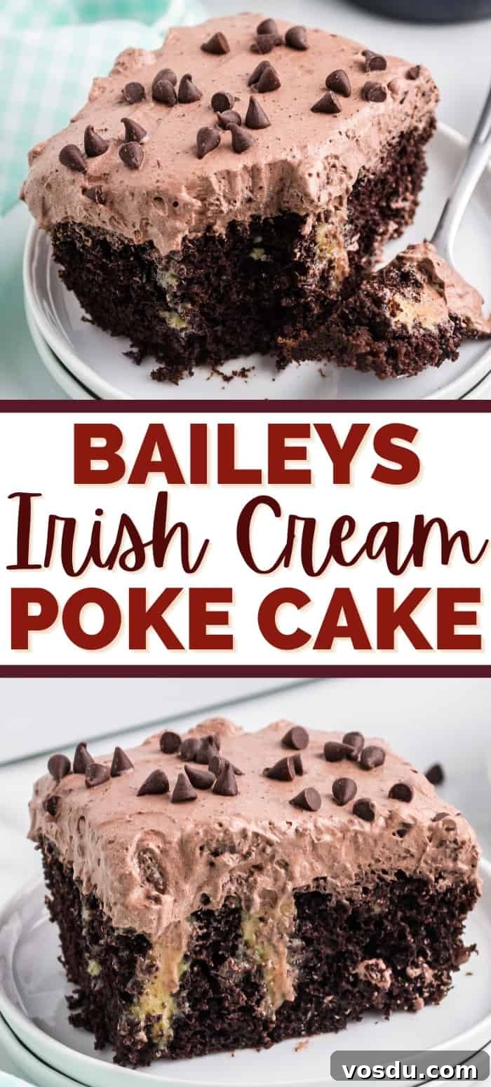 Baileys Irish Cream Poke Cake Recipe for Rich Dessert 16 Pinterst collage, reads: Baileys Irish Cream Poke Cake