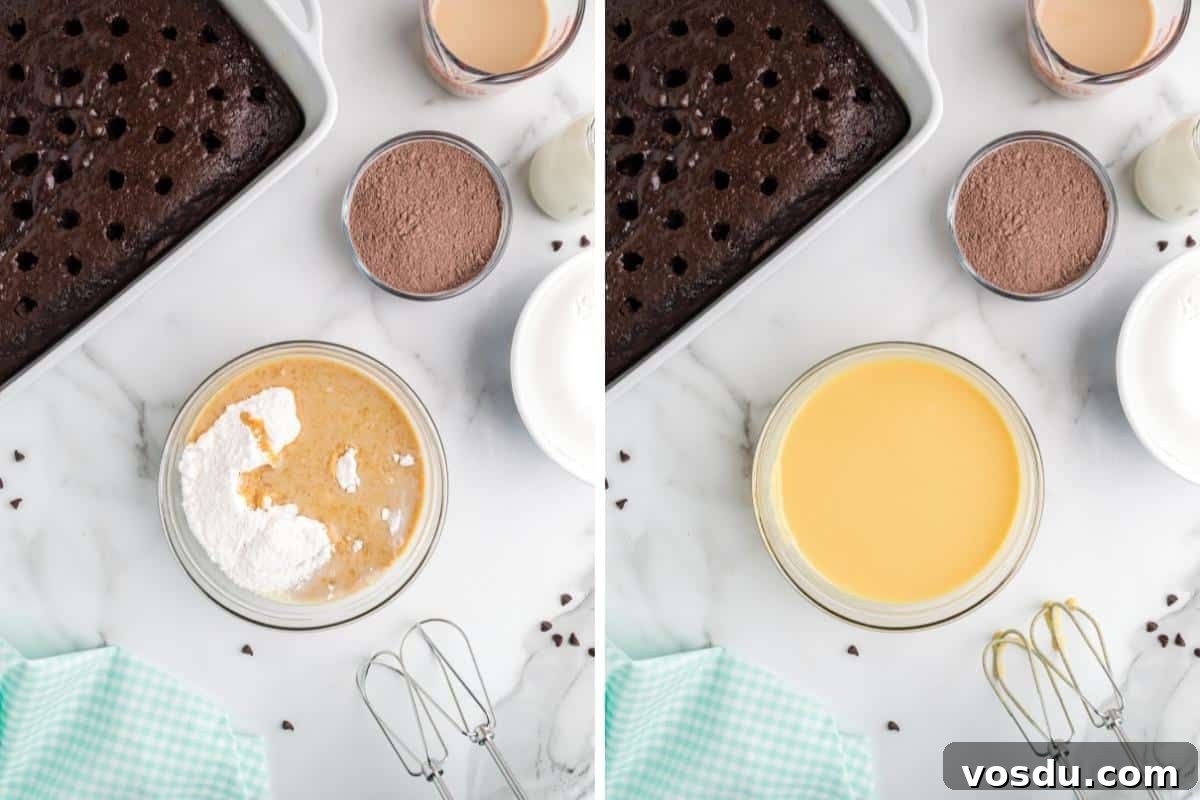 Baileys Irish Cream Poke Cake Recipe for Rich Dessert 8 Vanilla Irish cream pudding ingredients in mixing bowl before and after mixing together