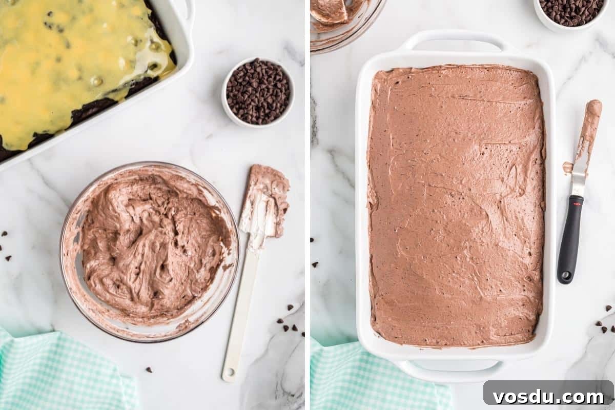Baileys Irish Cream Poke Cake Recipe for Rich Dessert 10 Mixing bowl with bailys frosting and sheet cake with frosting spread on it