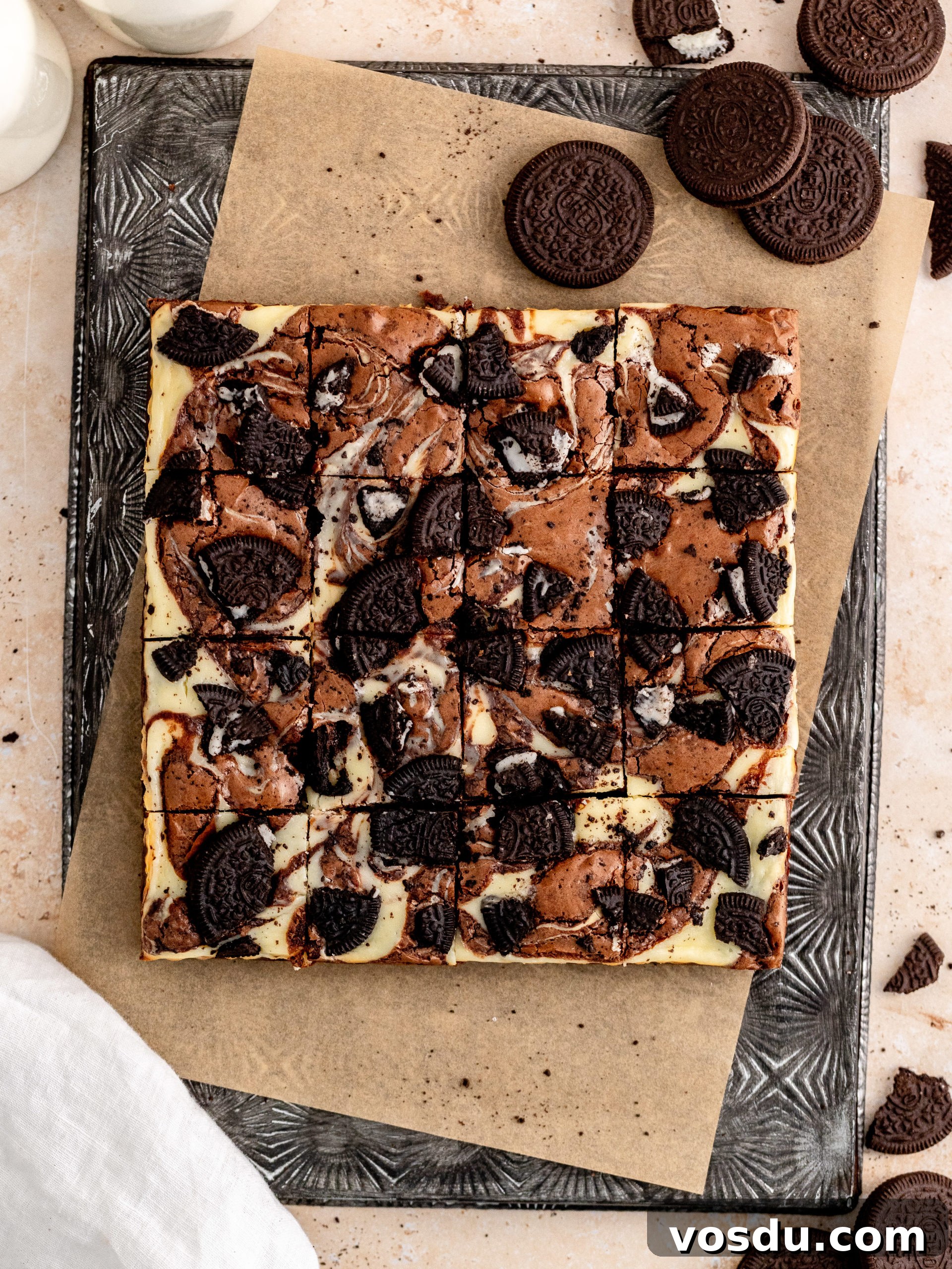 Oreo Cheesecake Brownies Recipe — Fudgy Oreo Swirl Brownies 2 the brownie cut into pieces