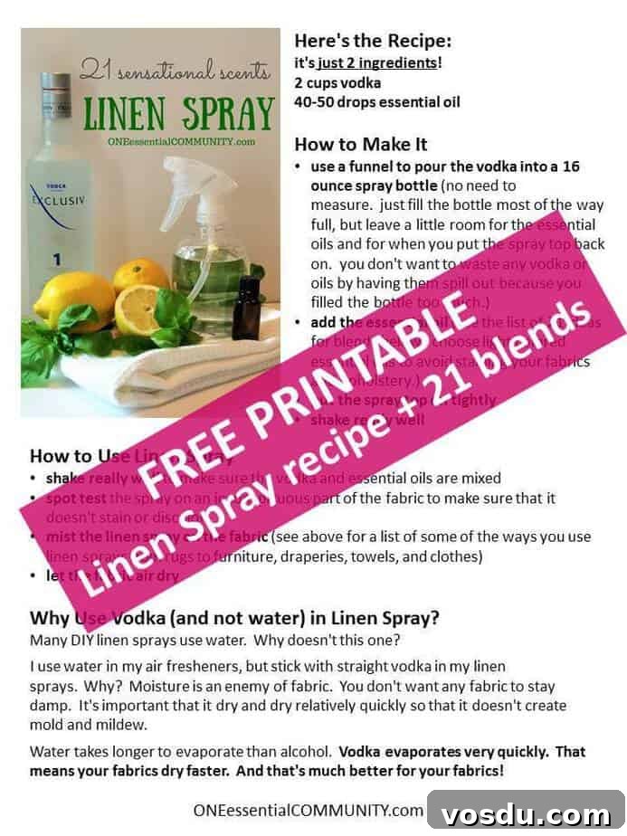 Linen Sprays: 21 Irresistible Scents to Refresh Your Home 4 Love this! DIY linen sprays in 21 amazing scents {with FREE PRINTABLE of all the recipes} -- there are citrus ones, floral ones, calming blends, energizing recipes, bedtime pillow sprays, and more! Perfect way to freshen upholstered furniture, pillows, rugs, draperies, clothes, towels, sheets, and more!