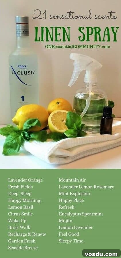 Linen Sprays: 21 Irresistible Scents to Refresh Your Home 5 Love this! DIY linen sprays in 21 amazing scents {with FREE PRINTABLE of all the recipes} -- there are citrus ones, floral ones, calming blends, energizing recipes, bedtime pillow sprays, and more! Perfect way to freshen upholstered furniture, pillows, rugs, draperies, clothes, towels, sheets, and more!