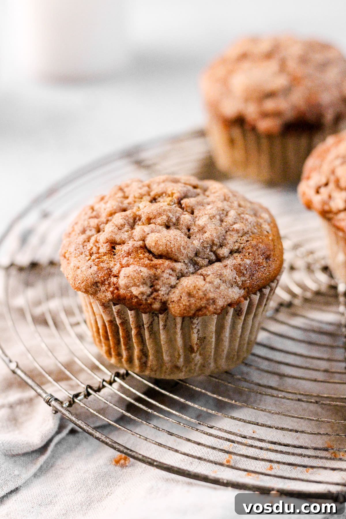 cinnamon banana muffin with streusel topping on a wire cooling rack with a milk jug for baking blog