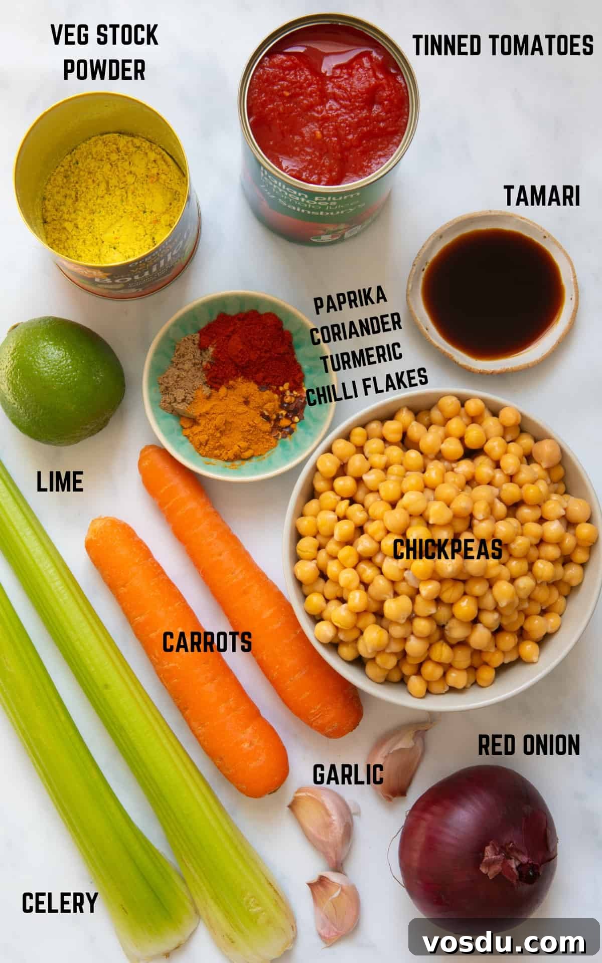 15-Minute Chickpea Stew Recipe for Quick Weeknight Dinners 3 Ingredients to make chickpea stew on white background.