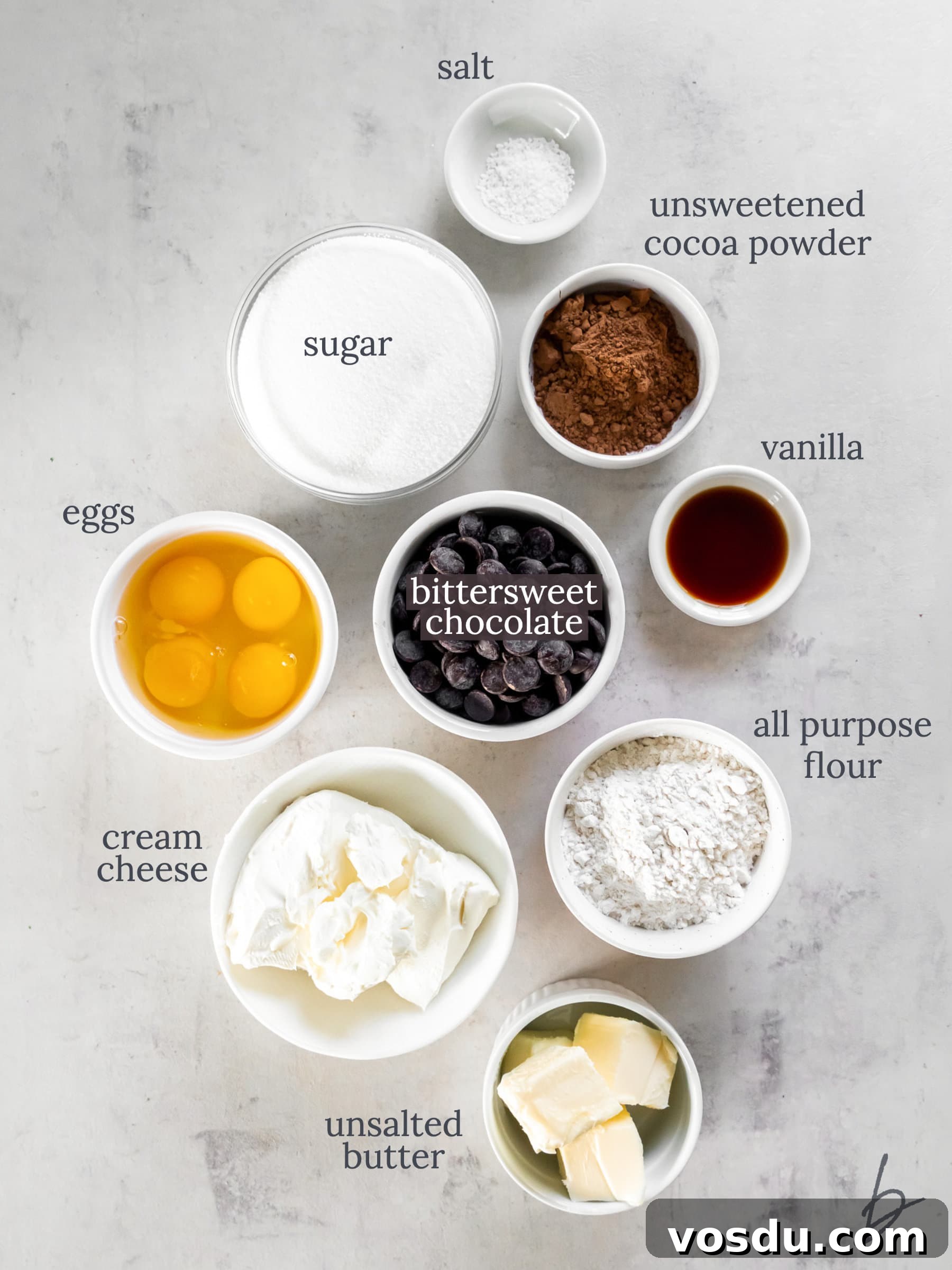 bowls of ingredients to make cream cheese brownies.