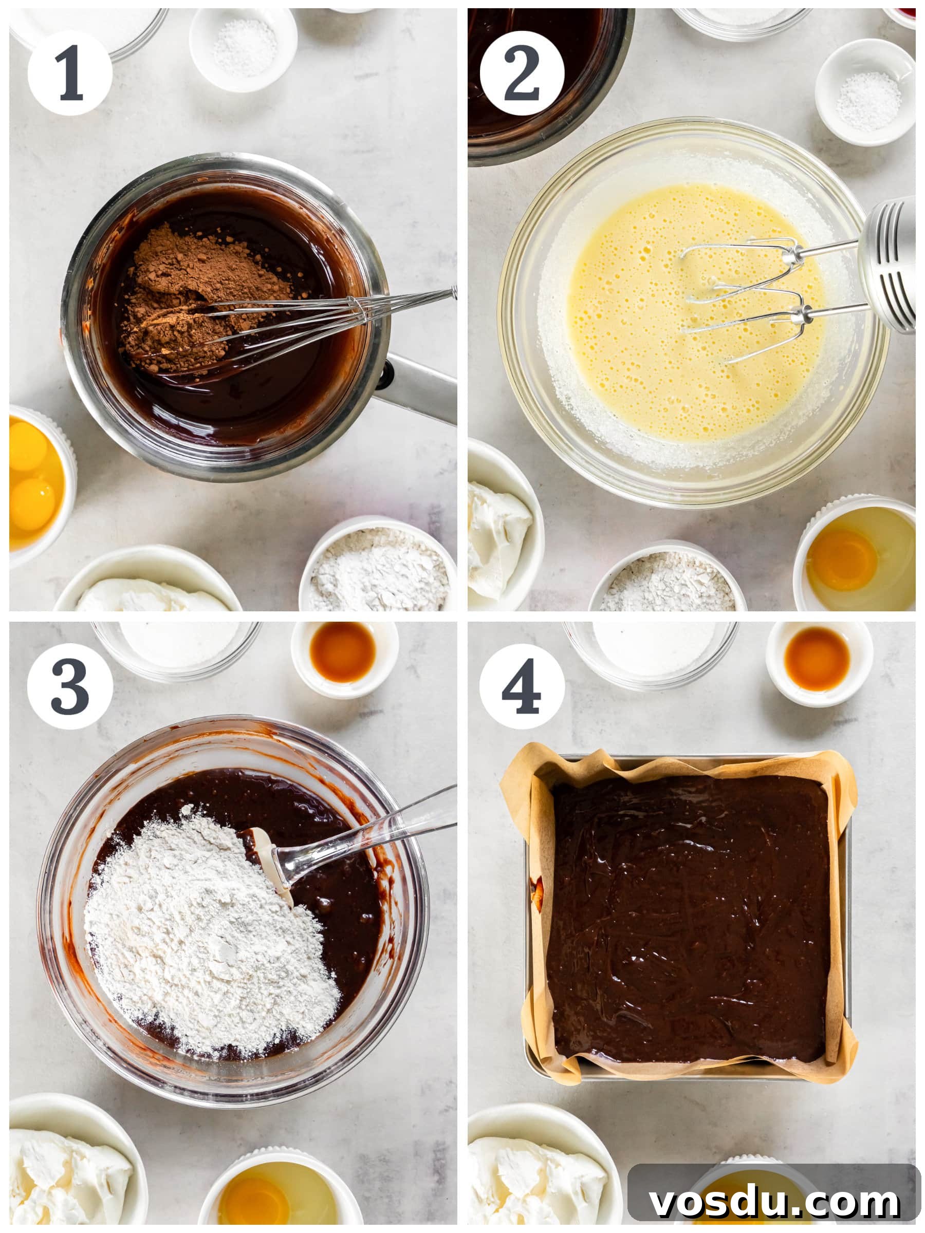 photo collage demonstrating how to make fudgy brownies from scratch.