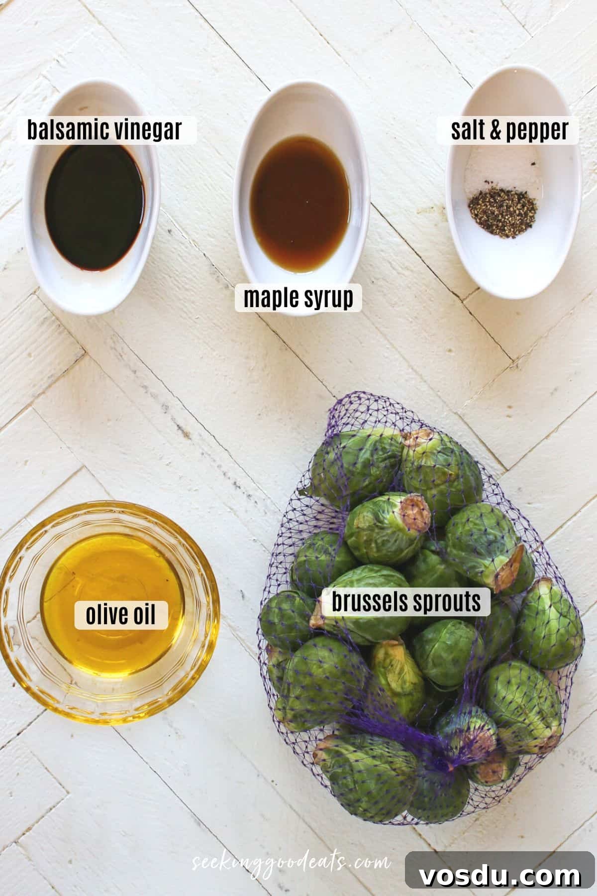 Maple-Balsamic Glazed Brussels Sprouts — Air Fryer or Oven 3 ingredients needed for making maple balsamic brussels sprouts