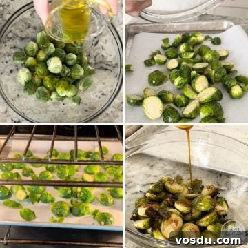 Maple-Balsamic Glazed Brussels Sprouts — Air Fryer or Oven 6 images of making maple balsamic brussels sprouts