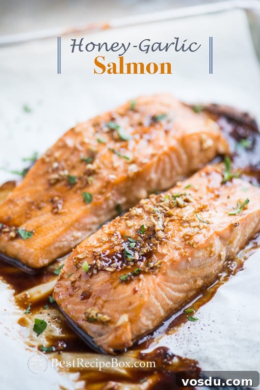 Baked Honey Garlic Salmon that's Easy Healthy Salmon Recipe | @bestrecipebox Baked Honey Garlic Salmon on baking dish