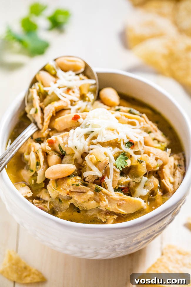 Easy 30-Minute Homemade White Chicken Chili in a bowl with a spoon on top.