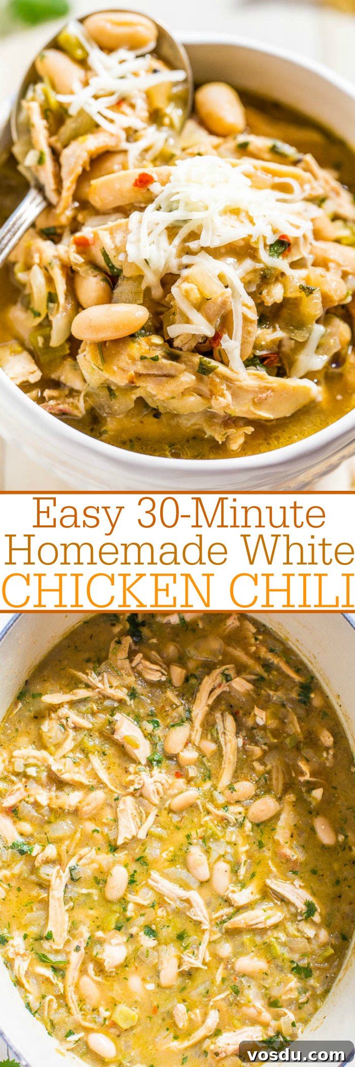 A bowl of white chicken chili topped with shredded cheese, accompanied by a text overlay highlighting the recipe's ease and quick preparation time.