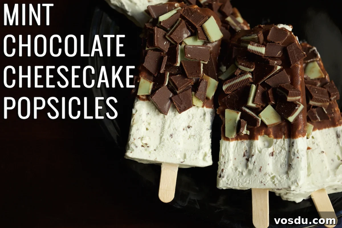 Mint Chocolate Cheesecake Popsicle Recipe: Creamy No-Bake Dessert 2 Three mint chocolate cheesecake popsicles on a black background. The text in the top left corner reads "Mint Chocolate Cheesecake Popsicles"