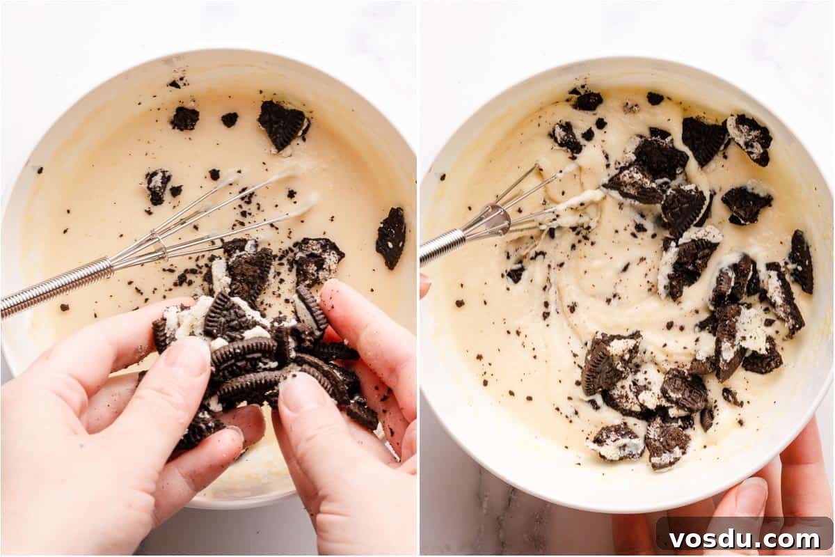 3-Minute Oreo Mug Cake Recipe You Can Make in a Microwave 7 collage of Oreos being crumbled and whisked into cake batter