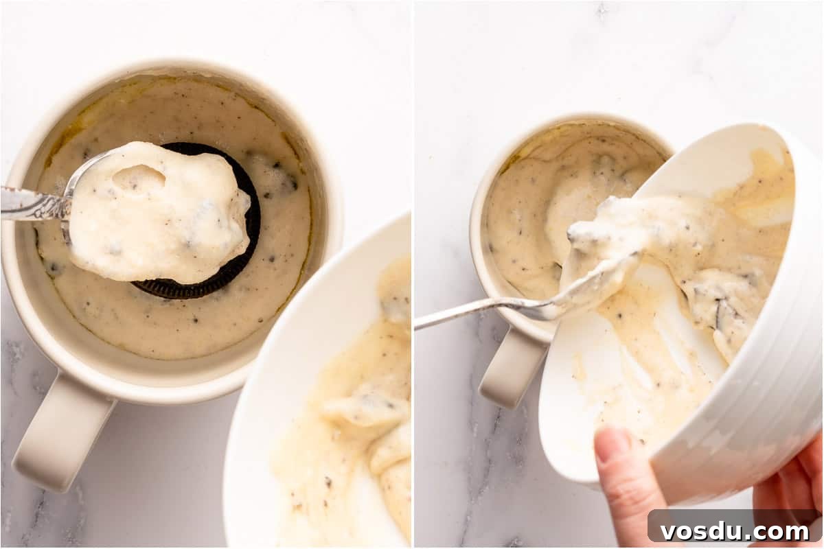 3-Minute Oreo Mug Cake Recipe You Can Make in a Microwave 10 remaining cake batter being added on top of Oreo in mug