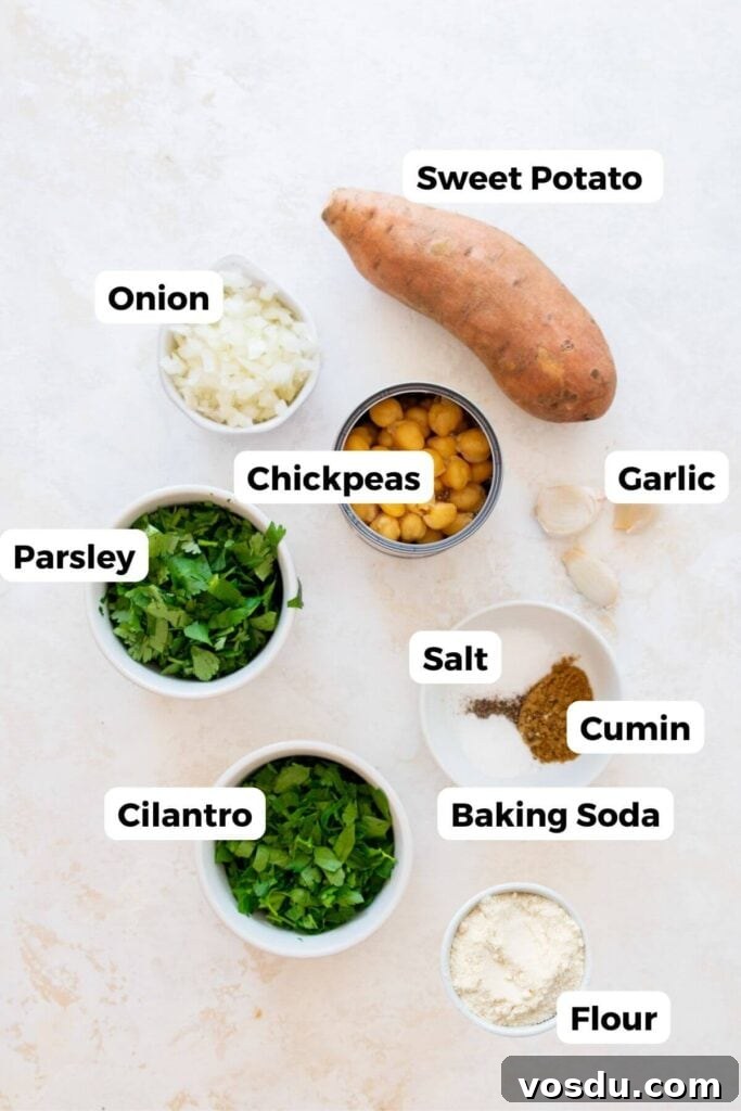 Sweet Potato Falafel Recipe: Crispy, Vegan Middle Eastern Bites 4 all ingredients in sweet potato falafel recipe including chickpeas, sweet potato, onion, parsley, cilantro, baking soda, cumin, salt, flour, and garlic