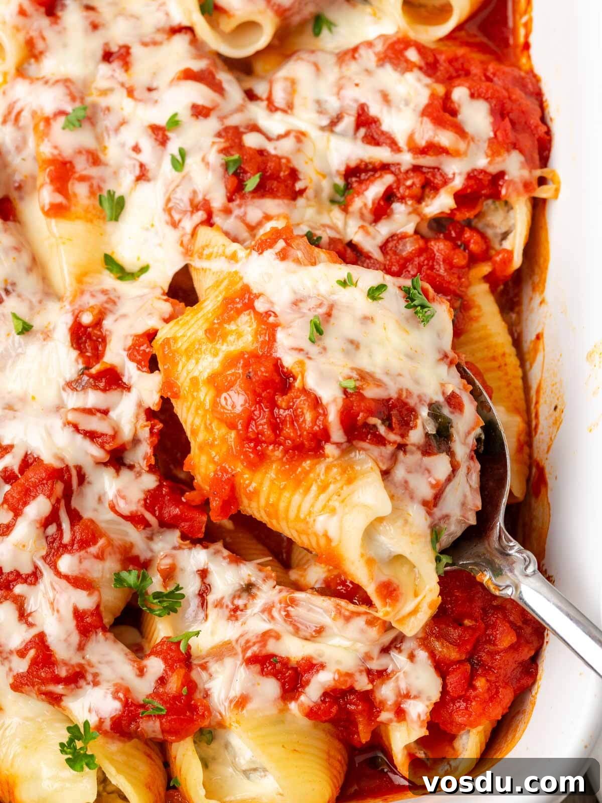 Cheesy Baked Stuffed Shells with Italian Meat Filling 2 stuffed shells with ground beef in casserole.