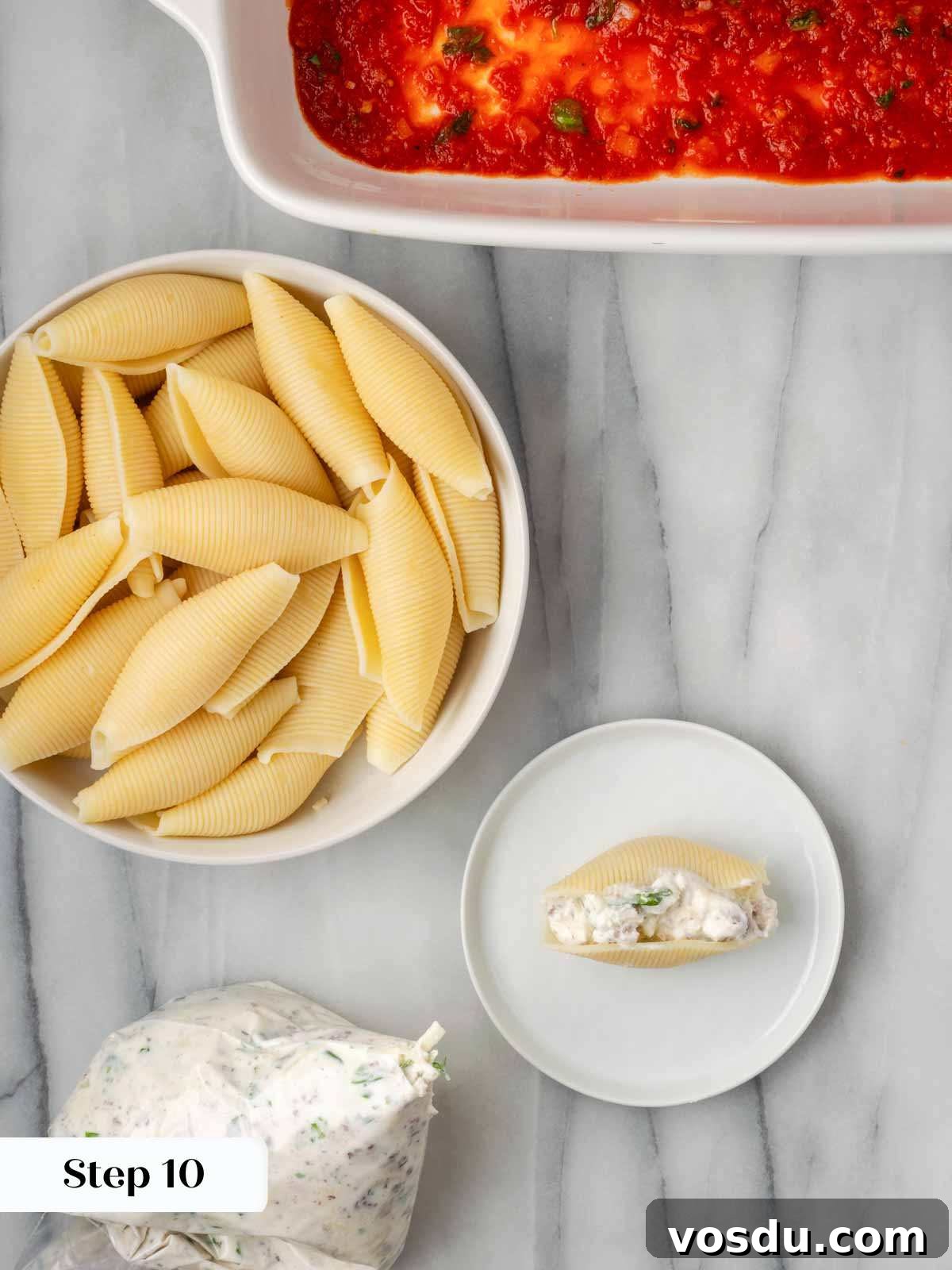 Cheesy Baked Stuffed Shells with Italian Meat Filling 11 stuffing shells process using plastic baggie.